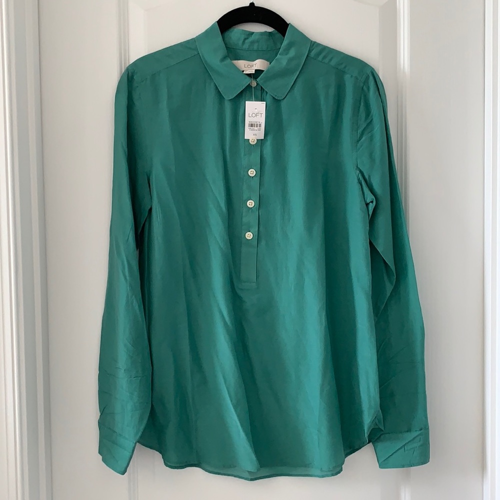 NWT LOFT Green Cotton/Silk Blend Long Sleeves Collared Blouse Size XS
